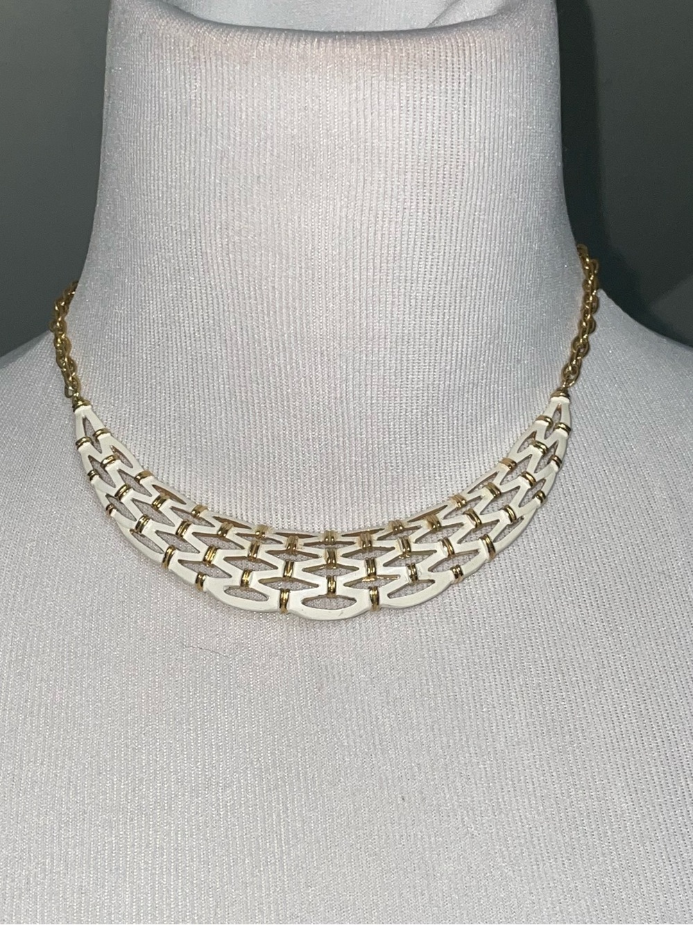Trifari Gold-Tone Necklace with White Enamel Links. Vintage.
